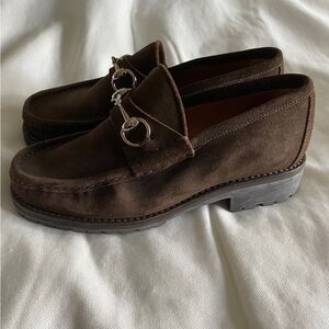 New Auth Gucci Brown Suede Chunky Slip on Loafers w Silver Horsebit Sz 6-6.5